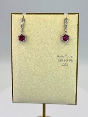 Natural Ruby & White Topaz Hexagon Dangle Earrings 925 Sterling Silver 14K Gold